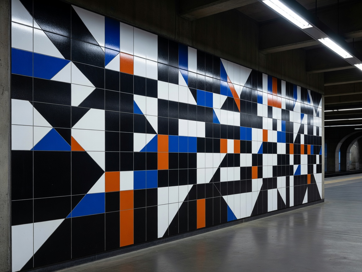 Bold modernist geometric and abstract tile wall installation in an underground transit station