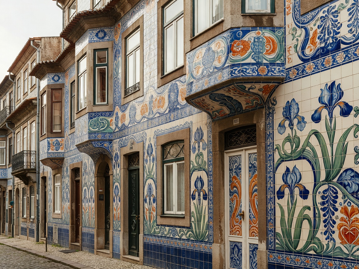 Ceramic tile clad townhouses in Porto featuring curvilinear Art Nouveau botanical motifs