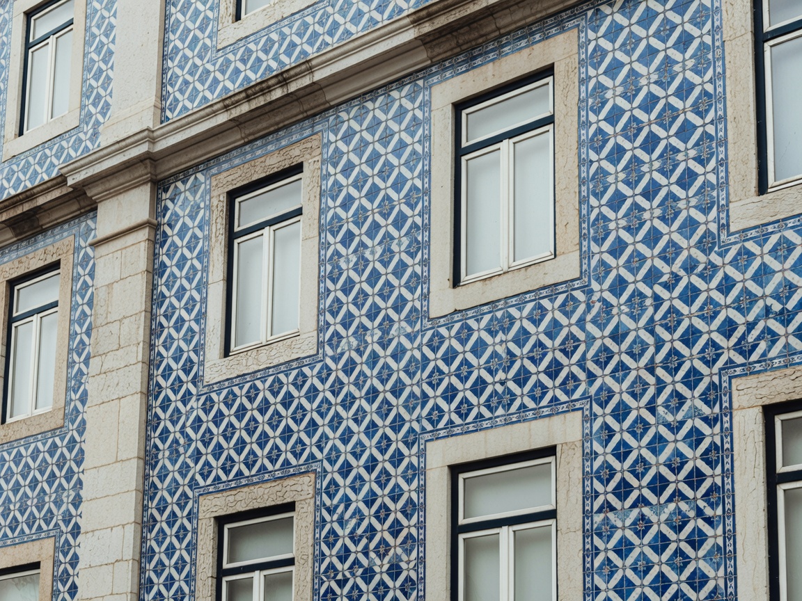 Geometric repeating pattern tiles on an 18th century Lisbon Pombaline building facade