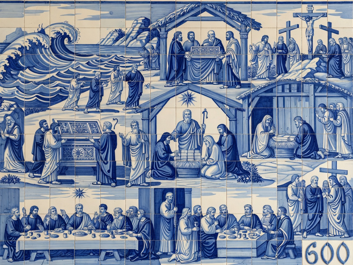 Grand cobalt blue and white historic tile composition depicting biblical narratives